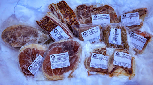 25 pounds of favorite pasture pork cuts including pork chops, bacon, roasts and sausages