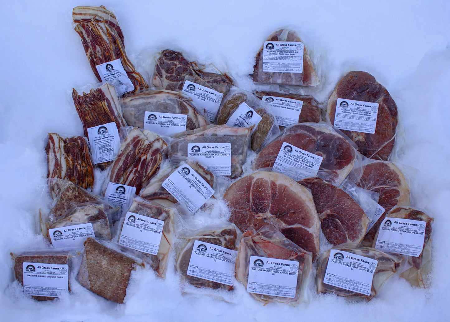 pasture raised pork products including no nitrate bacon and hams, chops, roasts, ribs and more