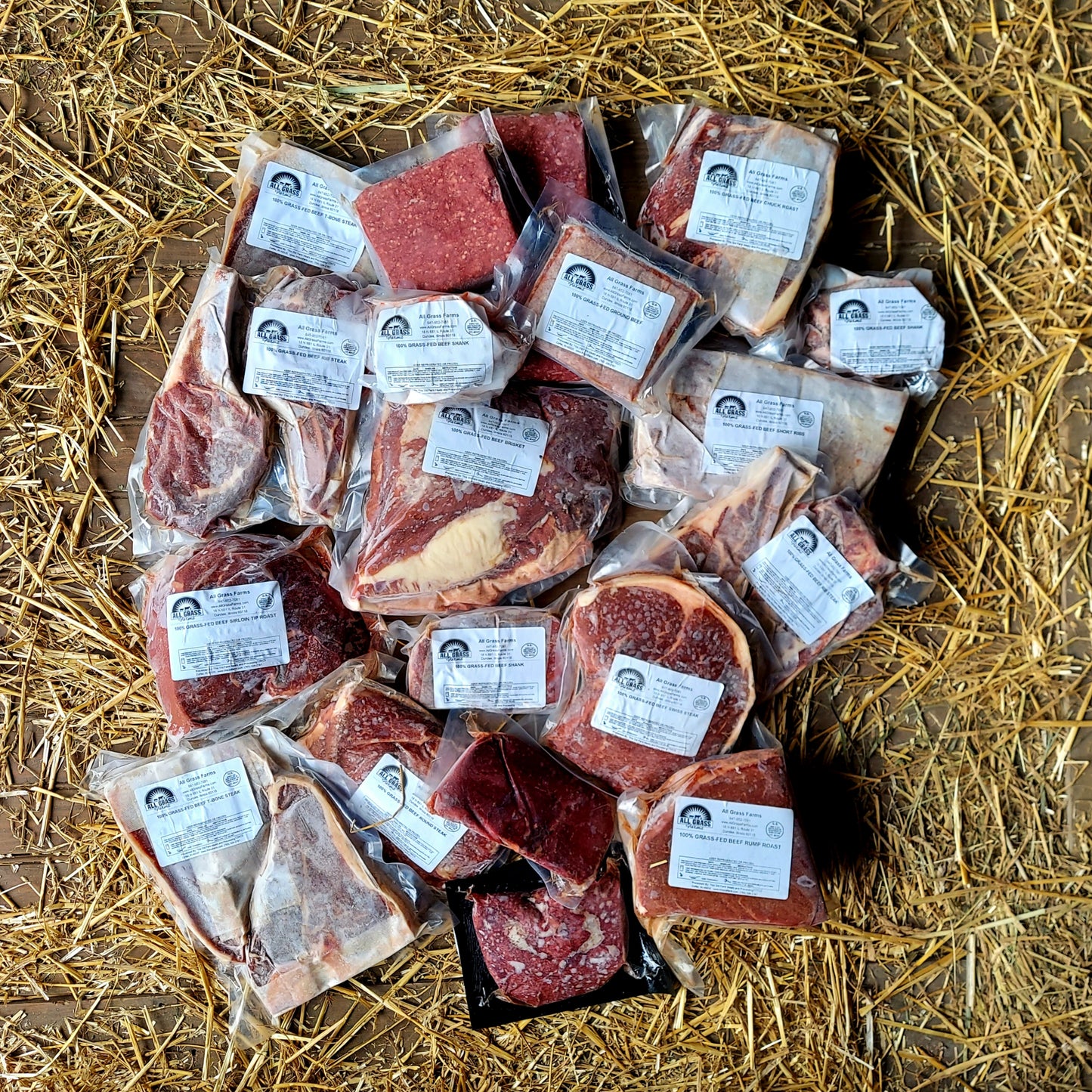 45 pounds of grassfed and grass finished dry aged beef bundle with roasts steaks ground and other cuts